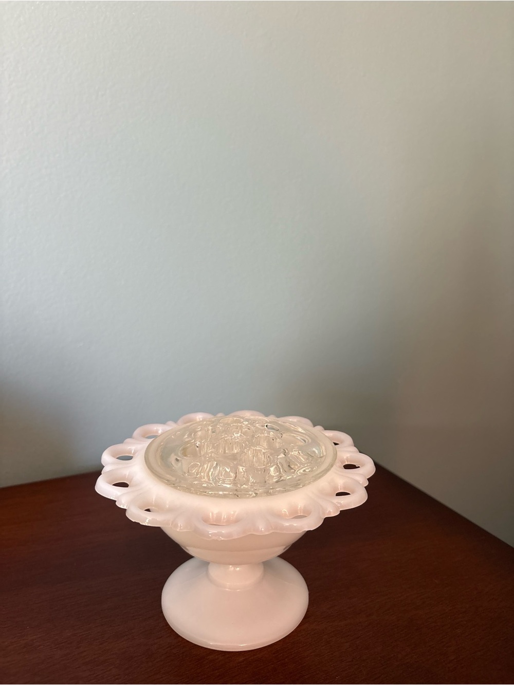 Vintage Milk Glass Candy Dish Compote - Base Footed Lace rim Glass Flower frog